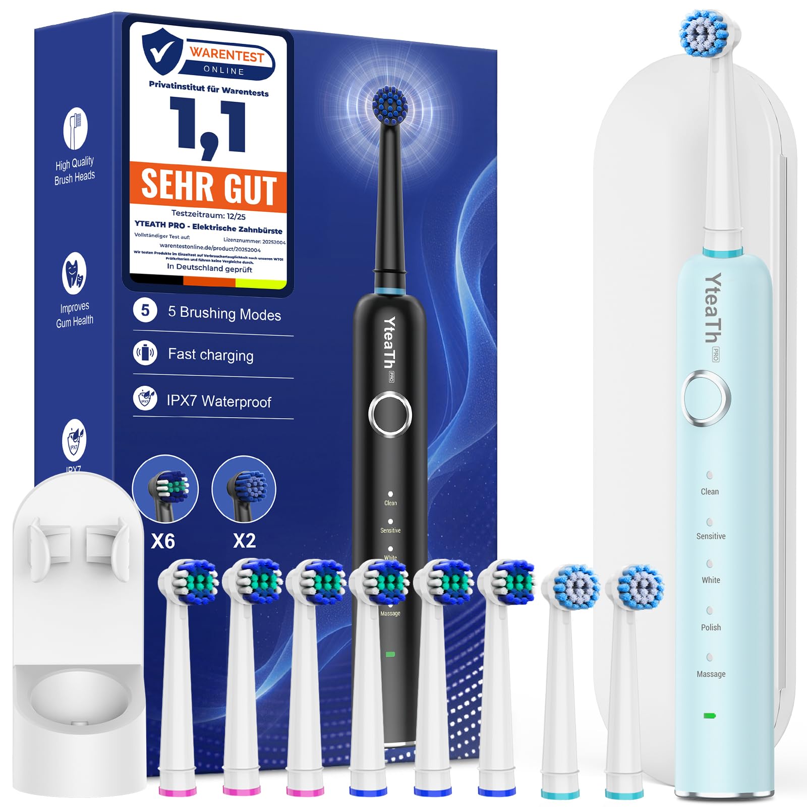 Brosse À Dent Électrique Rotatives Famille - Brosses À Dents Rotatives pour Adultes Enfant, 8 Têtes de Brosse et Étui de Voyage, 5 Modes, Étanche IPX7, Brosse A Dent Electrique de Voyage, Bleu Clair
