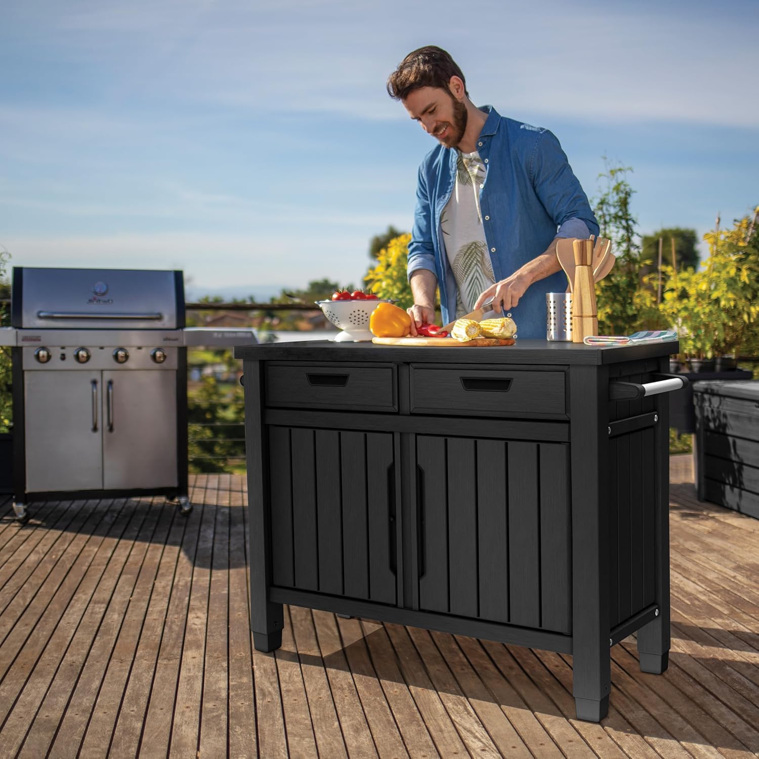 Tavolino per Barbecue 134x90x52 cm con Cassetti e Accessori Keter Unity XL Grafite