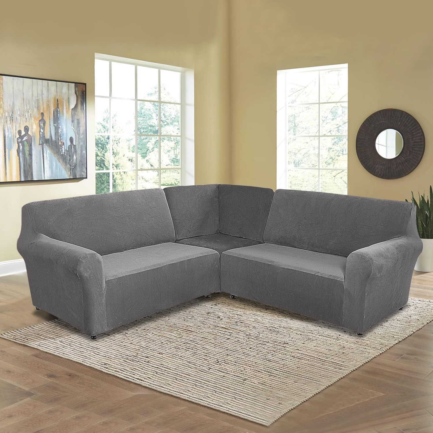 MIFXIN Sectional Corner Sofa Covers 5 Seat L-Shaped Sectional Couch Slipcovers 3 Piece Velvet Stretch Soft Washable Furniture Sofa Protector for 5-Seater Corner Sofas (Grey)