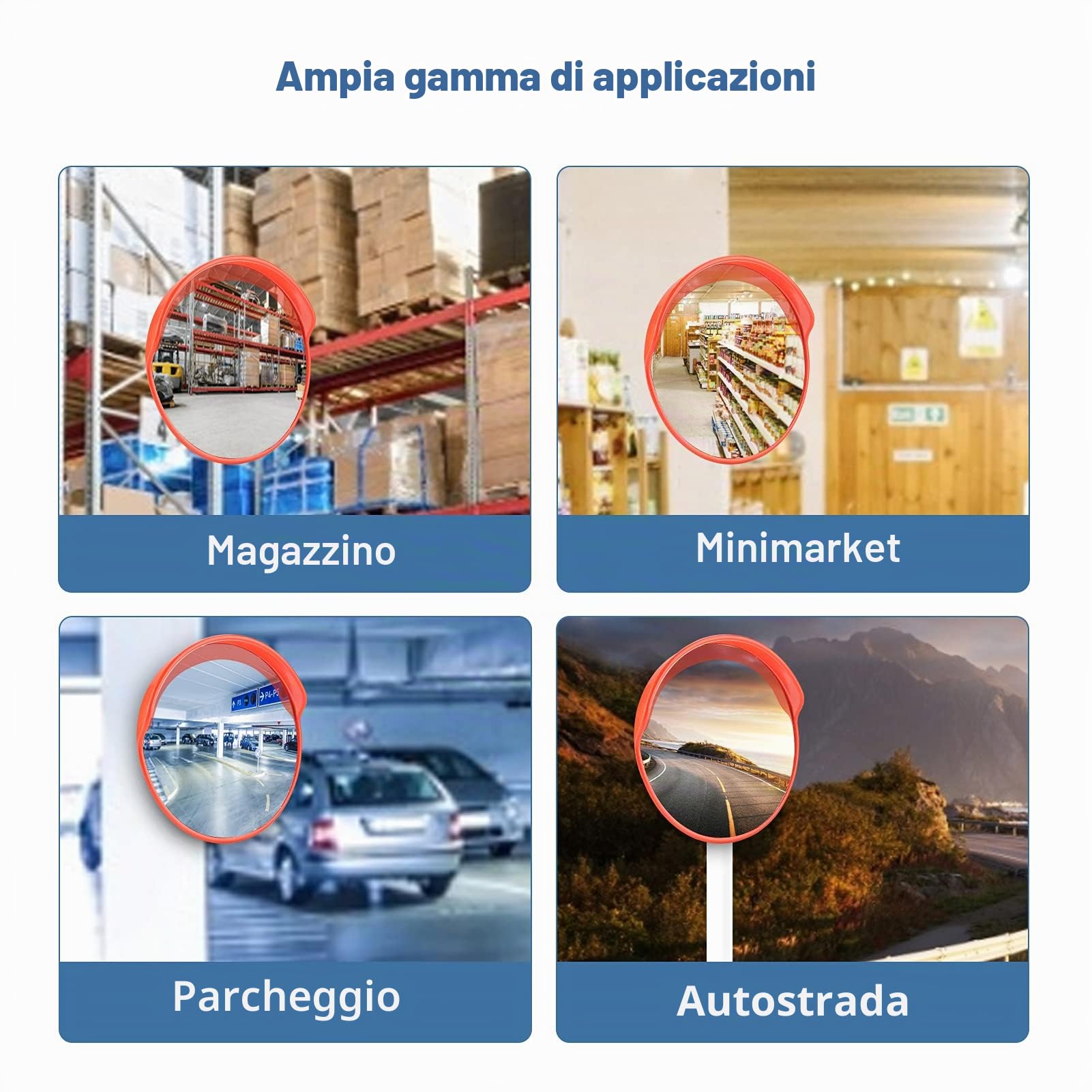 Specchio Convesso di Sicurezza Stradale, 30cm, Circolare, Arancione, con Copertura Antipioggia, per Interni ed Esterni