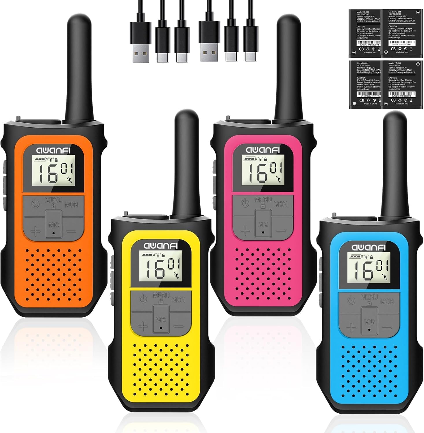 AWANFI Walkie Talkies for Adults Kids, 4 Pack Rechargeable Walkie Talkies with 1200mAh Battery, Long Range 16 Channels Radios, Walky Talky with USB-C Cable, VOX-Hands free for Outdoor Camping Hiking
