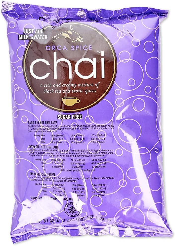 Orca Spice Reduced Calorie Chai Tea Latte Mix, 47.6 Oz, Black Tea, Organic Spices, Sugar Free, Dairy Free, Serve Hot or Cold, Just Add Water or Milk, 56 Servings, Perfect for Food Service