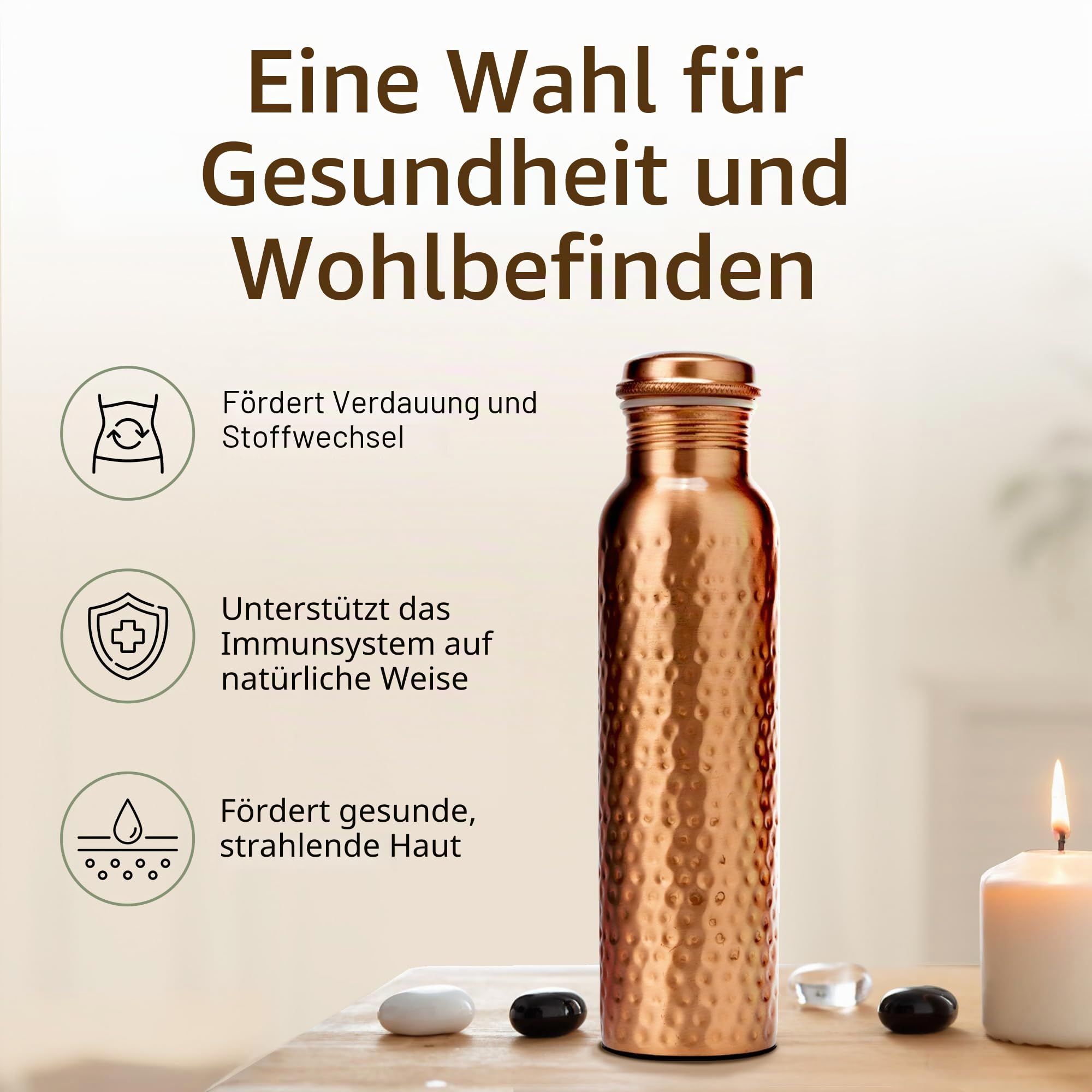Handgehämmerte Wasserflasche aus reinem Kupfer 950 ml – Ayurvedische, auslaufsichere Sport-Trinkflasche BPA-freie, große Wasserflasche für Yoga, Reisen und Büro Canvas-Tasche, Bürstenset