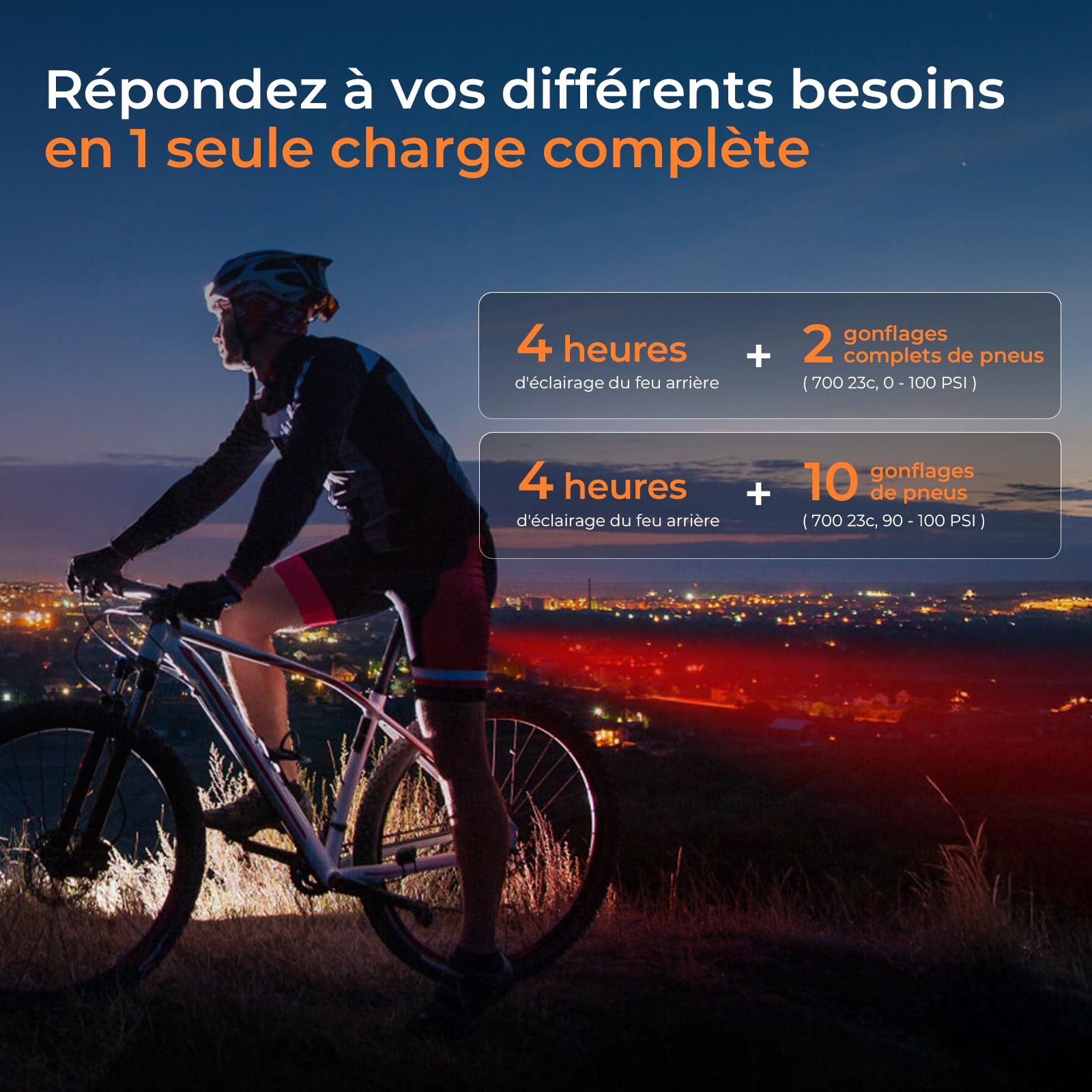 FLEXTAILGEAR Mini pompe à vélo électrique portable 130 PSI avec manomètre et feu arrière, arrêt automatique, valve Presta et Schrader pour vélo électrique, VTT, vélo de ville et de route
