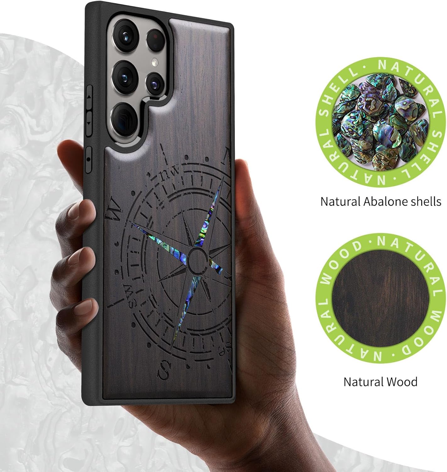 Carveit Designer Wooden Case for Samsung Galaxy S24 Ultra Case [Wood Engraving & Shell Inlay] Compatible with Wireless Chargers S24 Ultra (Incomplete Compass-Blackwood)