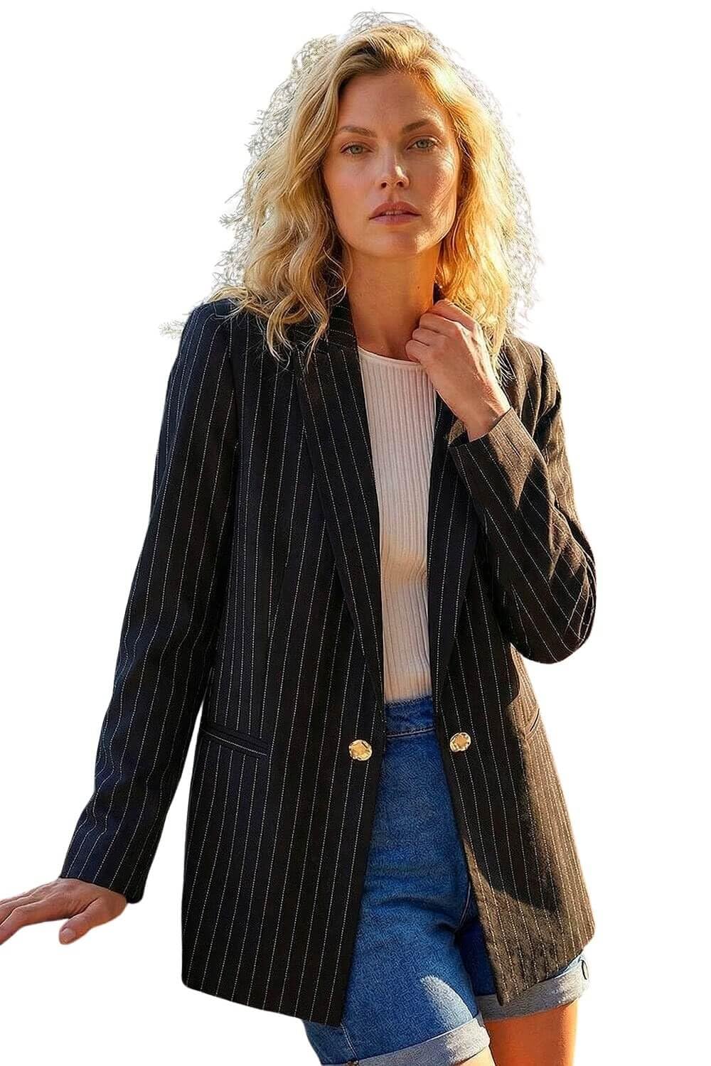 Roman Originals Women's Black Pinstripe Revered Collar Blazer For Uk - Everyday Autumn Winter Revered Collar Comfy Soft Evening Vacation Work Party Night Out - Size 16