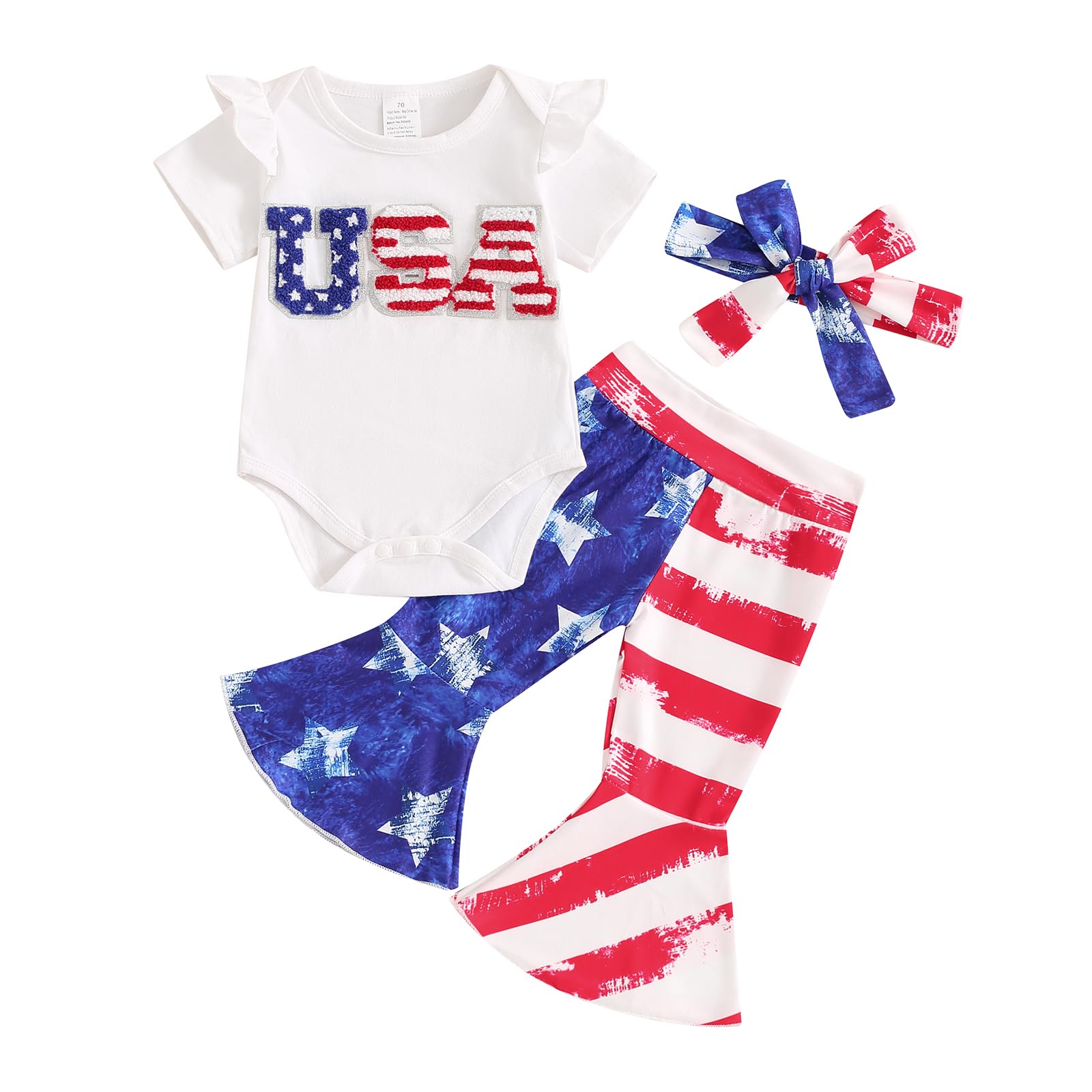 Rarjuiey Newborn Baby Girl Summer Outfits Western Farn Boho Outfit Ruffle Romper Top Bell Bottoms Headband Summer Clothes White Cow 3-6 Months