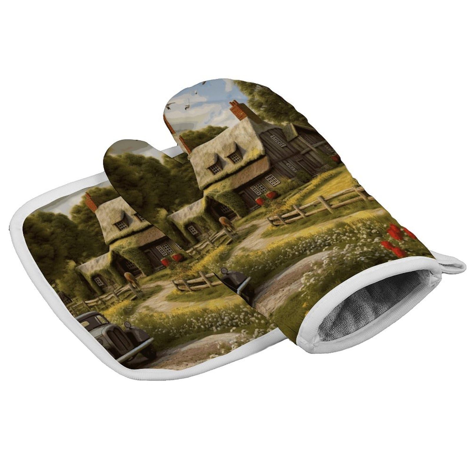 Fodpand Style Farm Thatched Cottage Oven Mitts And Pot Holders Sets, Cooking Gloves And Hot Pads Heat Resistant Washable, Kitchen Oven Glove For Oven Cooking Baking Grilling