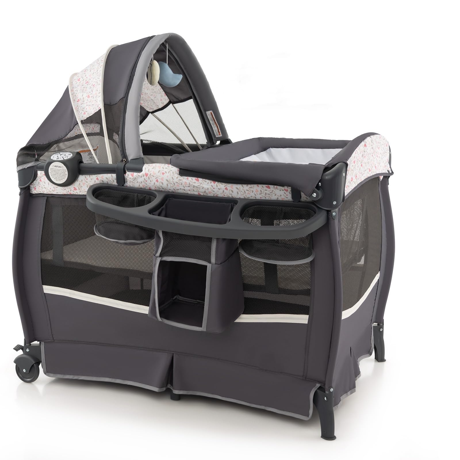 LIFEZEAL Cuna Bebe Plegable con Colchón, Cuna Colecho con Juguetes Montessori y Reproductor de Música, Bebe Bed con Cambiador y Ruedas, Carga 15 kg