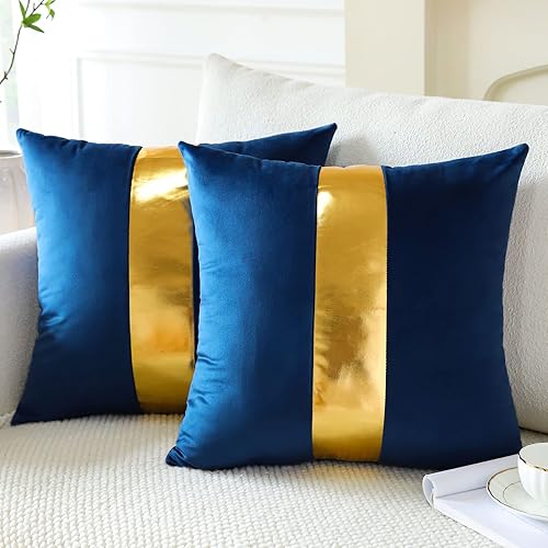Miniatura 4 de Artscope Juego de 2 fundas de almohada de terciopelo azul marino con costuras de cuero dorado, fundas de cojín cuadradas modernas y minimalistas
