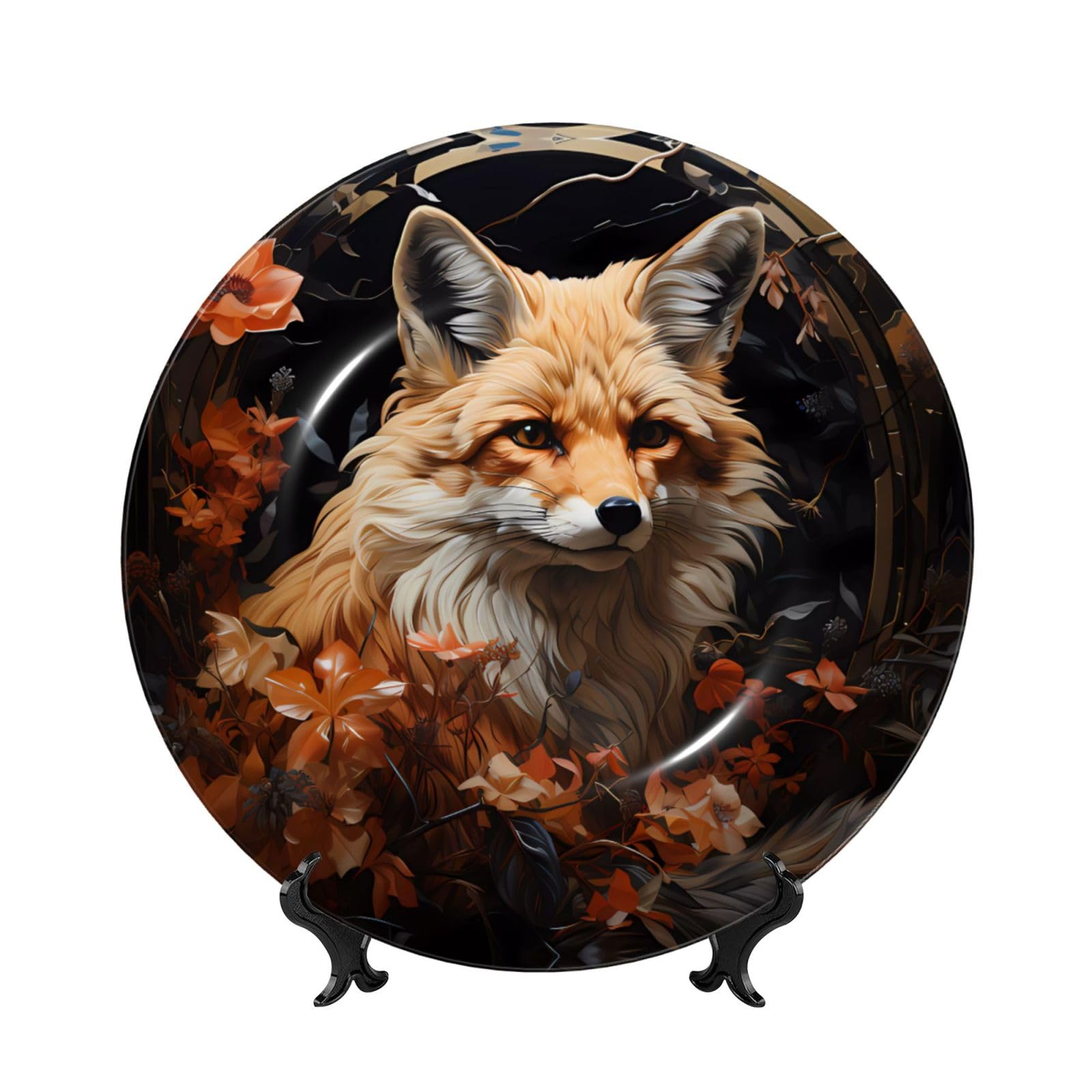 SXZVVBN Fox and Flowers Bone China Decorative Plate Art with Stand Removable Adhesive Hanging for Home Office 7in