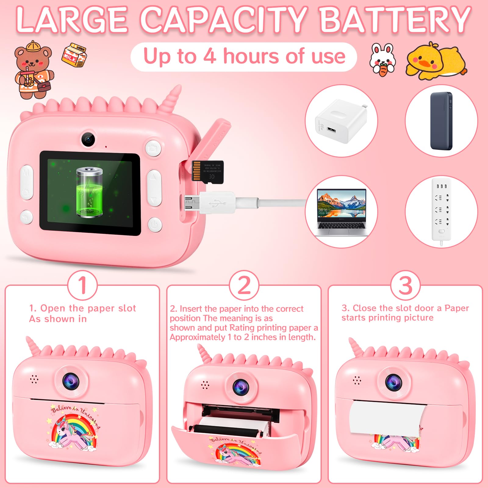 Fotocamera per bambini, 48 MP, schermo da 2,4 pollici, fotocamera istantanea con scheda 32 G, carta da stampa e penne colorate, video HD 1080P, regalo per bambini 3-12 anni