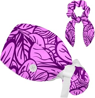 FVQL 2 Pieces Surgical Cap for Long Hair Scrub Cap with Hairband Nurse Cap, Floral Leaf Pattern