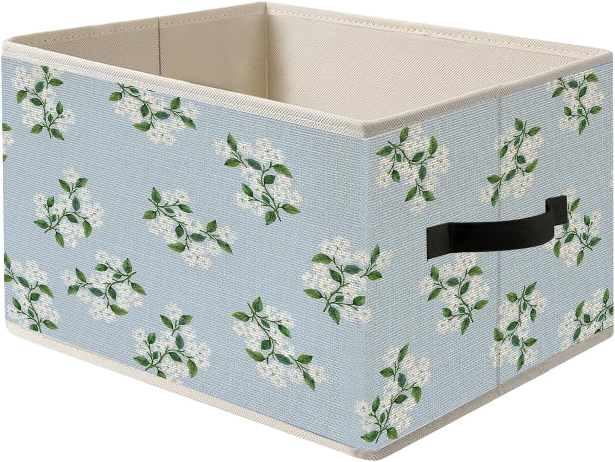 Blue and White Vintage Floral Storage Bin Box with Handles, Grandmillennial Flower Botanical Foldable Organizer Basket Toybox for Girls Dorm Bedroom Bathroom Clothes Toys Books