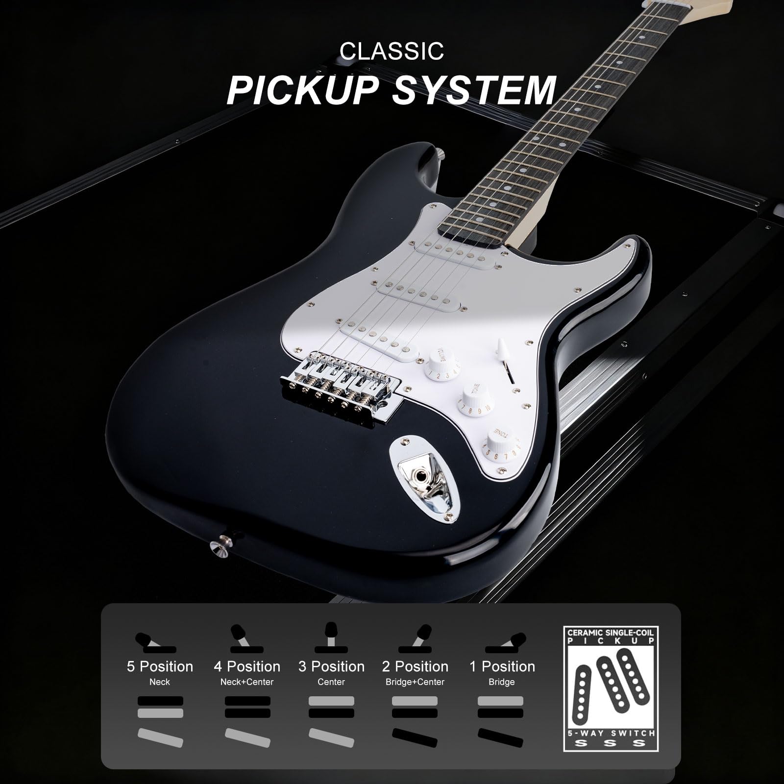 E-Gitarre 39 Zoll Anfänger E-Gitarre Kits mit Verstärker Classic SSS Tonabnehmer Komplett mit Gigbag Tuner Kapodaster Gurt Plektren Gitarrensaitenwickler Schwarz