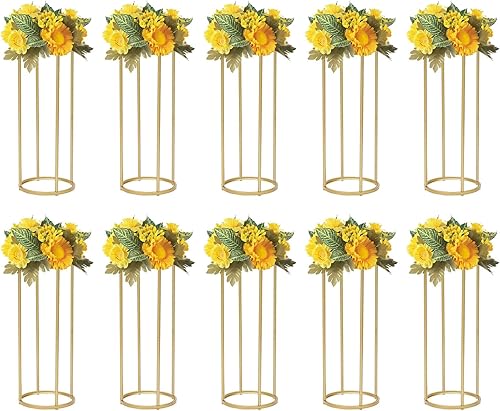 Miniatura 2 de 10 piezas de soporte dorado para flores de boda, soporte de flores de columna de metal, jarrón alto dorado geométrico para centros de mesa de