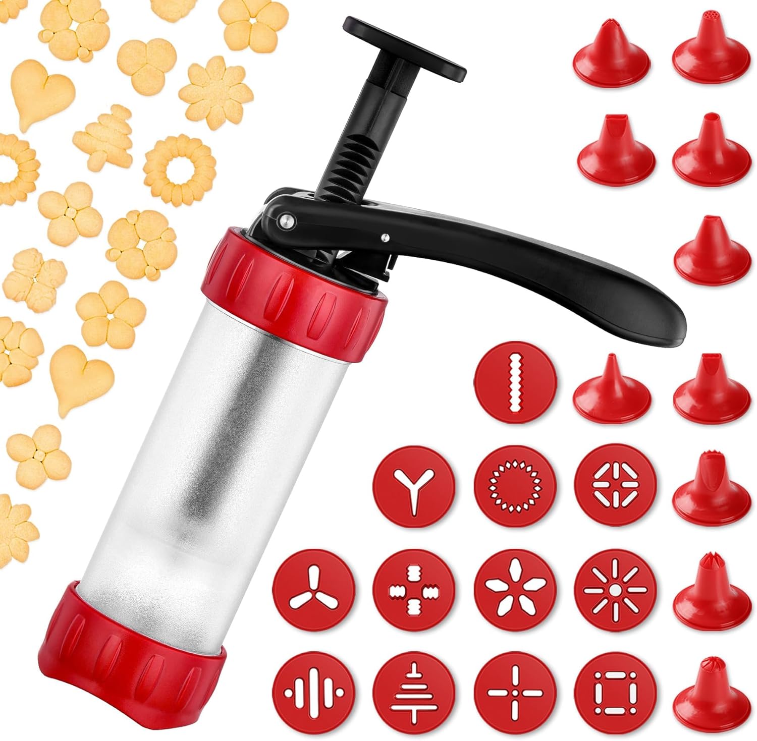 Cookie Press Set, Churro Maker with 12 Discs and 10 Cake Decorating Tips, Cookie Press for Biscuit and Churro, Red