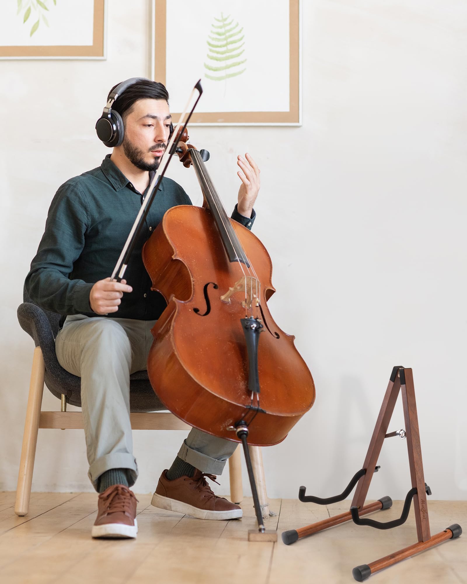 Supporto per Violoncello a Forma di A con Porta Arco, Stabile e Sicuro, in Noce con Schiuma Imbottita per Violoncelli 1/2, 3/4, 7/8 e 4/4, adatto anche per Chitarra