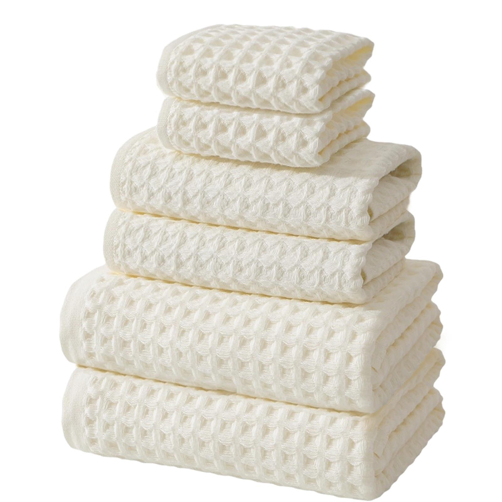 SK Studio 6 Piece Cotton Hotel Waffle Towel Set - 2 Bath, 2 Hand, 2 Washcloths - Large, Absorbent, Quick Dry for Bathroom Spa - White