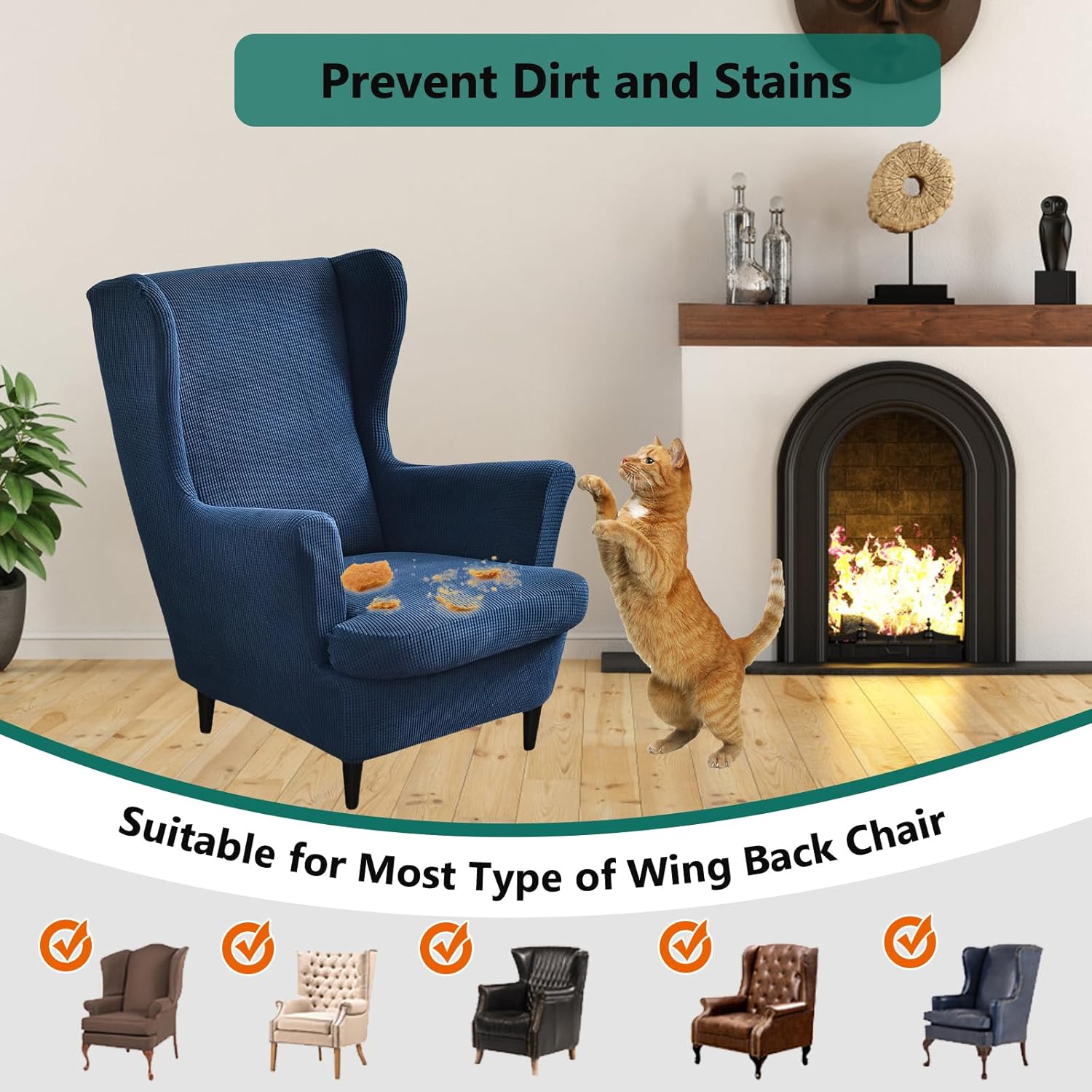 NILUOH Wing Chair Slipcovers 2 Pieces Stretch Spandex Wingback Chair Covers Washable Slipcover for Wingback Armchairs Non-Slip Furniture Protector with Elastic Bottom for Living Room