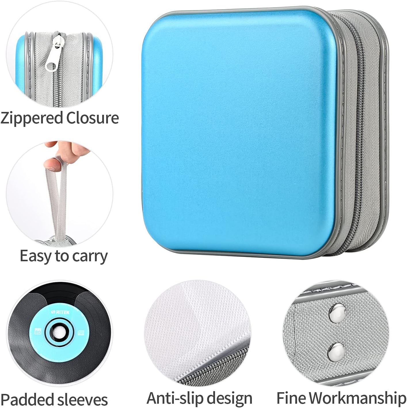 UENTIP CD DVD Case,Hard Plastic Portable Travel DVD Case Protective Zipper CD Case Holder Car Storage Wallet Bag (Sky Blue - Image 5