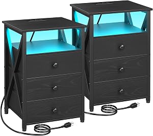 AMHANCIBLE LED Bedside Table Set of 2, Night Stands with Charging Station, Nightstand with USB Port & Power Outlet, End Table with 3 Fabric Storage Drawers for Bedroom, Living Room, Black HET053LBK