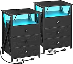AMHANCIBLE Night Stand Set 2, LED Nightstand with Charging Station, End Side Tables with USB Port & Outlet, Bedside Table with Fabric Drawers for Bedroom, Black, HET053LBK
