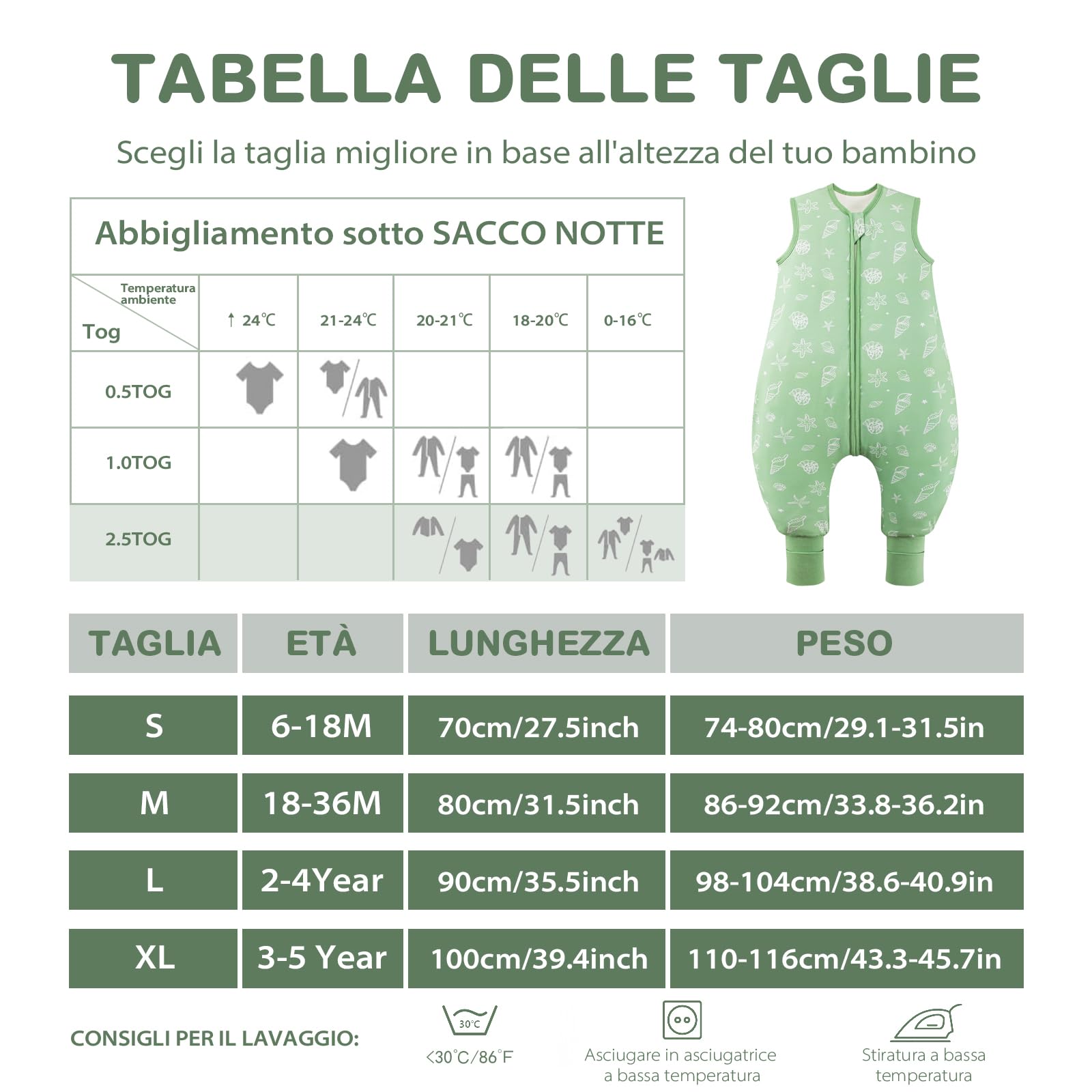 ToyaTec Sacco nanna con piedi, 2,5 Tog, super morbido, realizzato in rayon di bambù, per bambini, in fibra di bambù, per l'inverno, per l'autunno e l'inverno (verde, 100cm (3-5 Jahre))