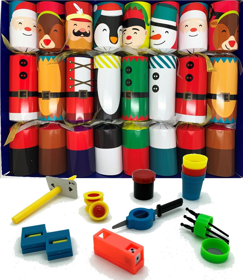 Crackers Ltd Set of 8 Magic Tricks Christmas Crackers in Festive Characters Design - Reindeer, Nutcracker, Snowman, Elf, Santa and Penguin