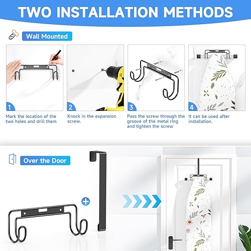 Miniatura 8 de Soporte para tabla de planchar sobre la puerta y la pared con gancho extraíble, soporte de metal para tabla de planchar organizador de pared para