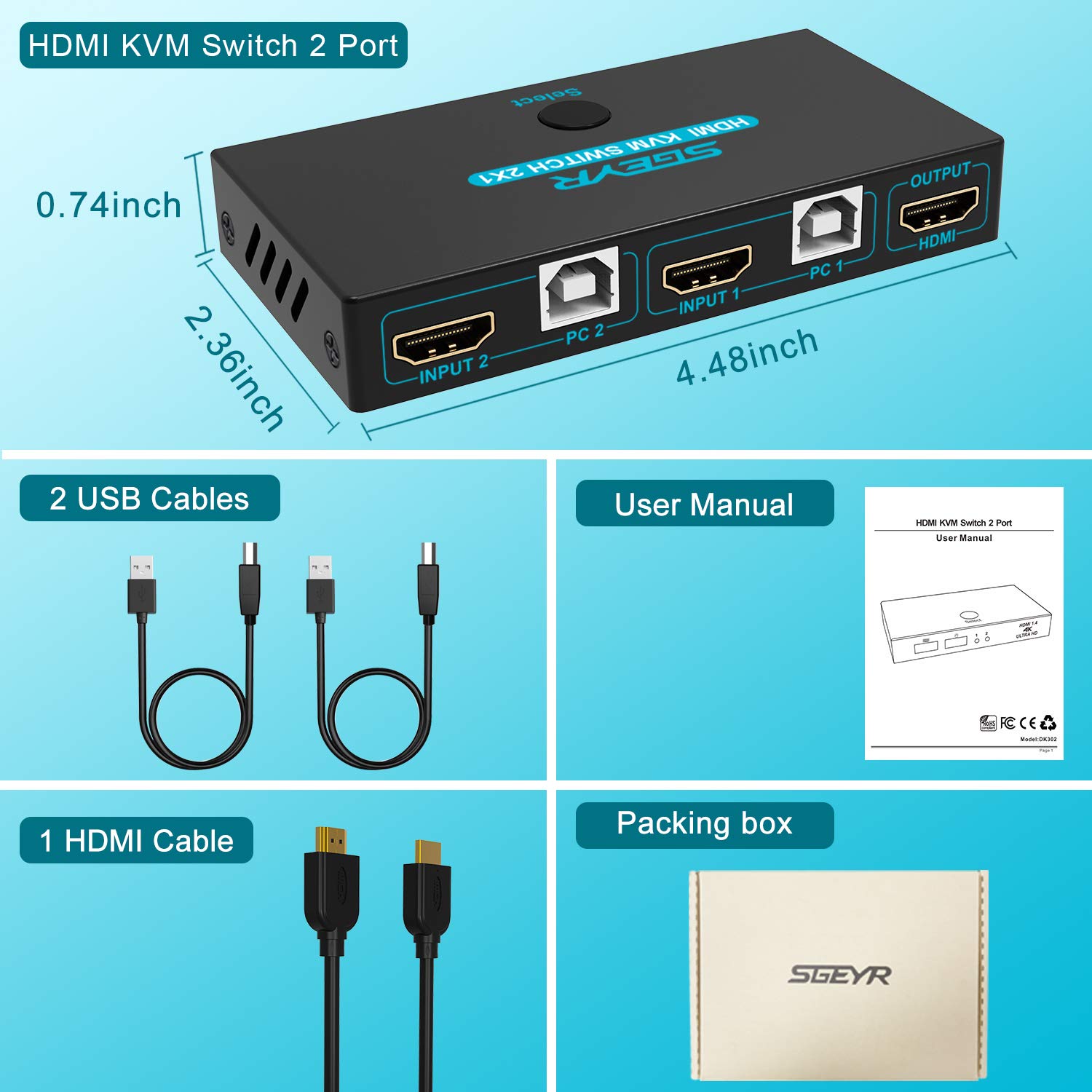 SGEYR Podłącz 2 komputery do 1 ekranu, listwa HDMI do telewizora, przełącznik DisplayPort KVM, Multi Plug HD 4K