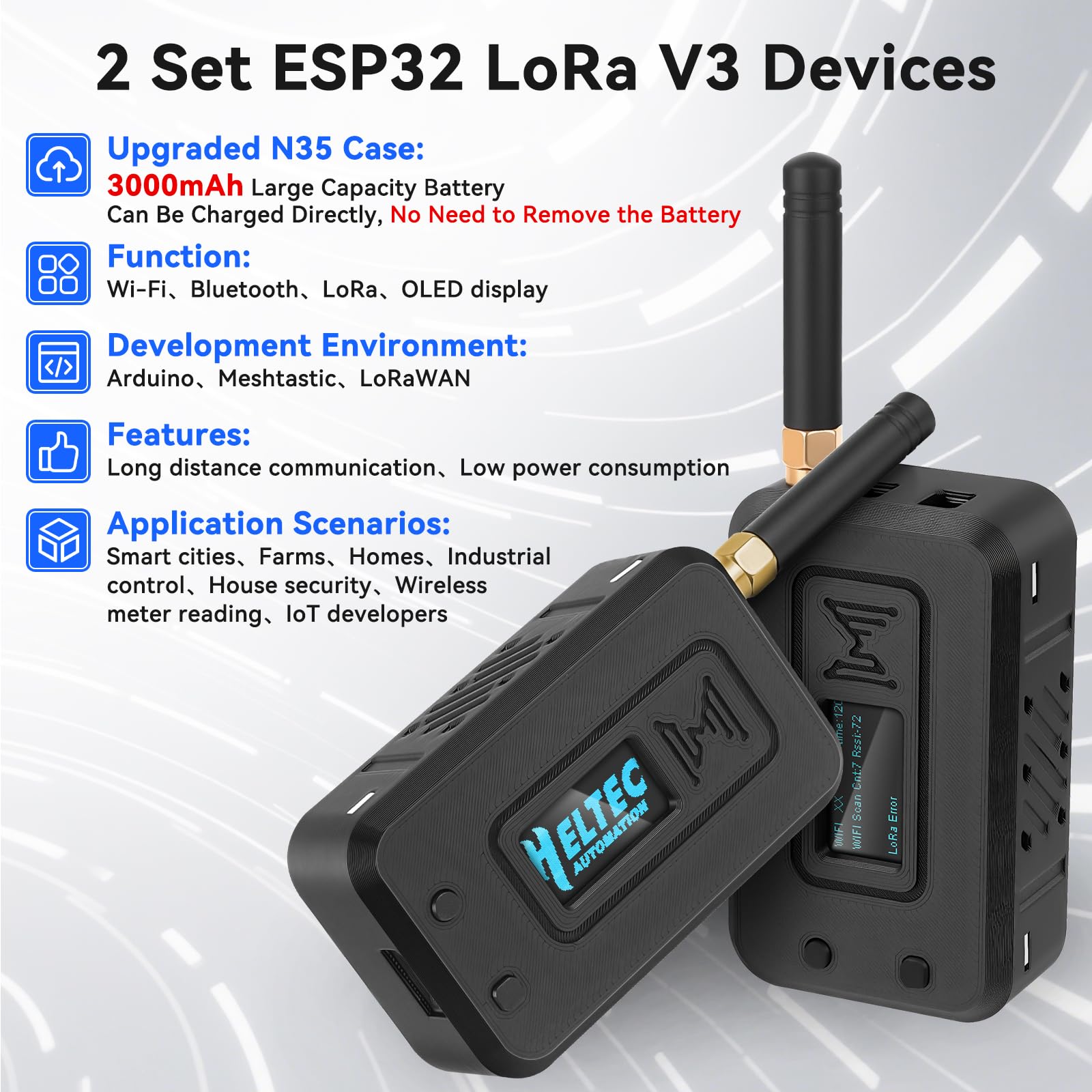 2 set ESP32 LoRa V3 scheda modulo con antenna 915 MHz + batteria 3000 mAh + custodia – WiFi integrato Blue tooth SX1262 CP2102 0,96" OLED Display tipo C per Ar duino Lora Meshtastic IOT (N35, nero)