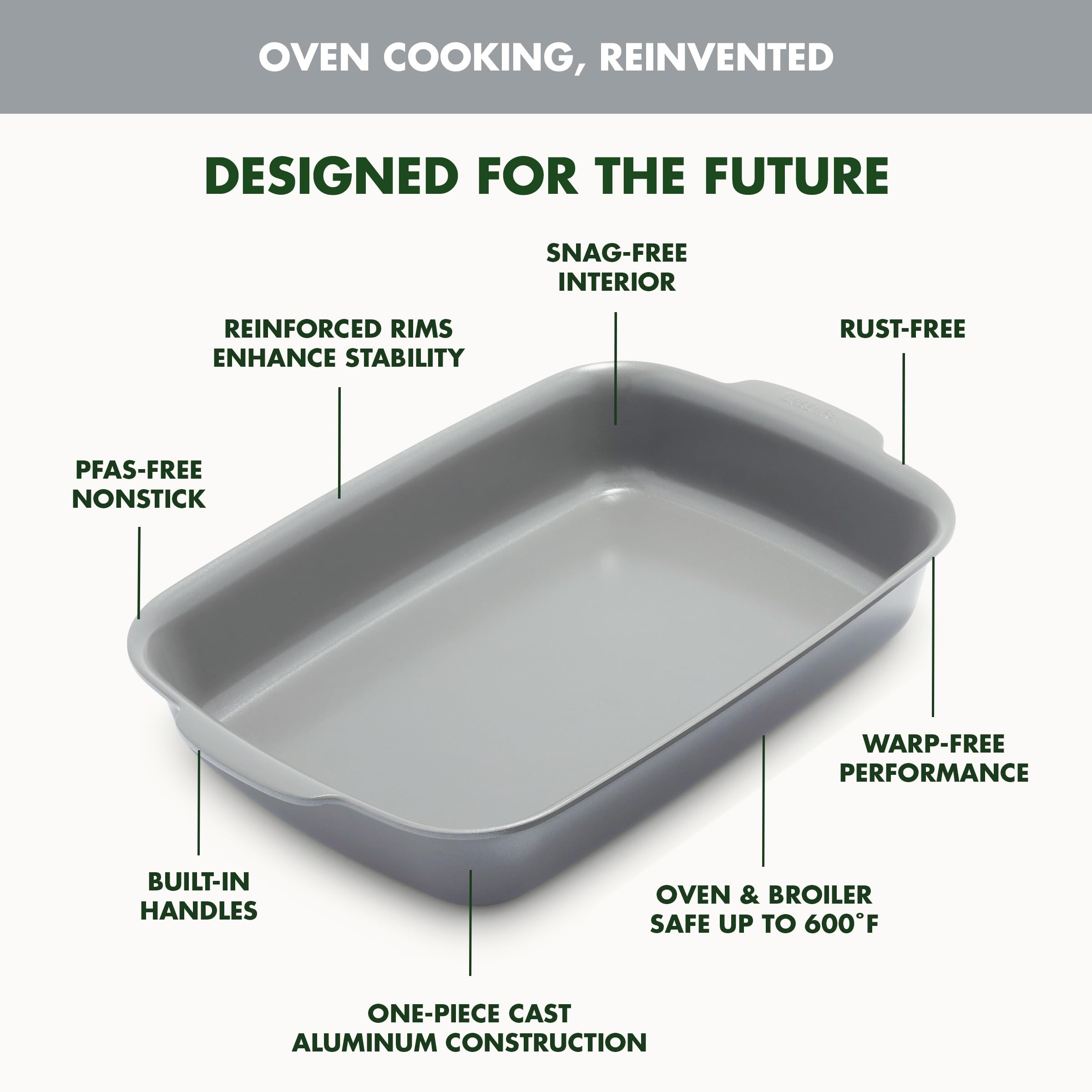 Greenpan Premiere Ovenware Healthy Ceramic antiaderente 33 x 22,9 cm, rettangolare in alluminio pressofuso, senza PFAS, grigio