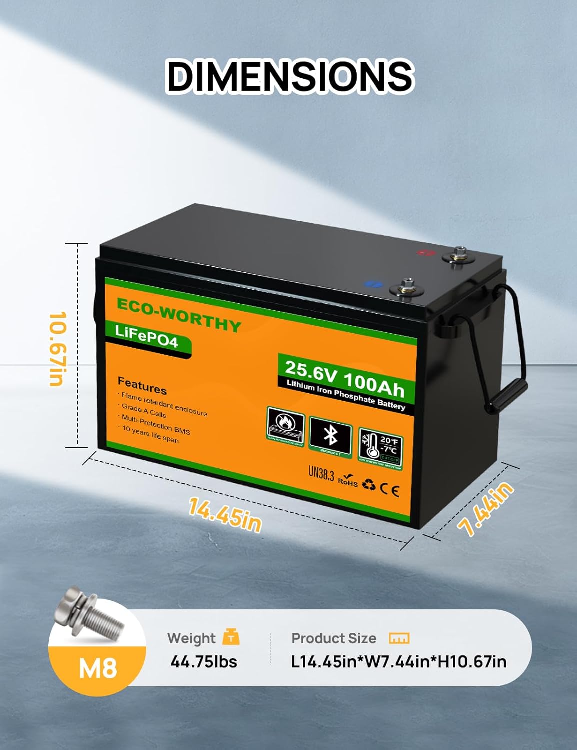 ECO-WORTHY 24V 100Ah LiFePO4 Battery Dimensions