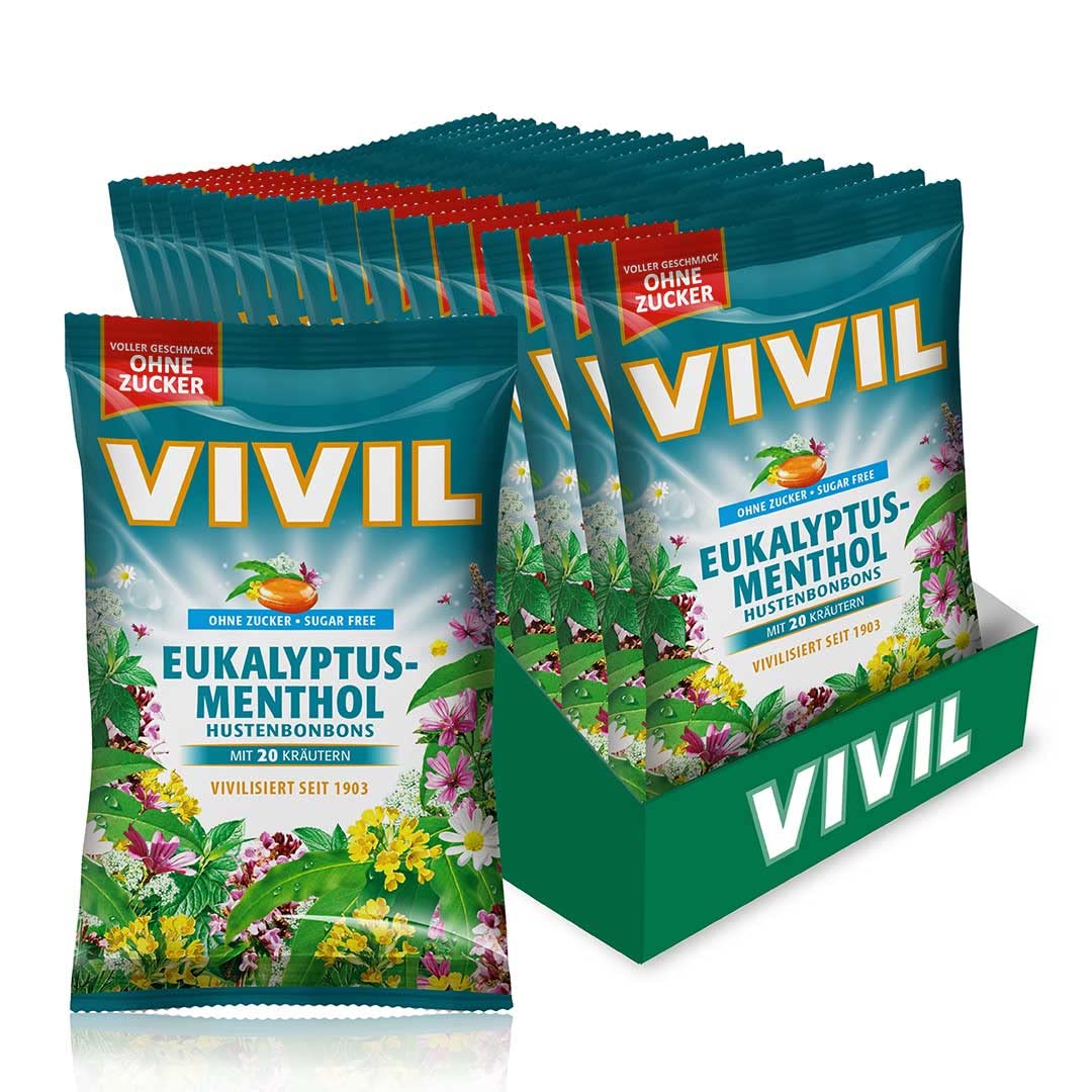 VIVIL Eukalyptus-Menthol Hustenbonbons ohne Zucker 15er Packung (15 Beutel á 88 g)
