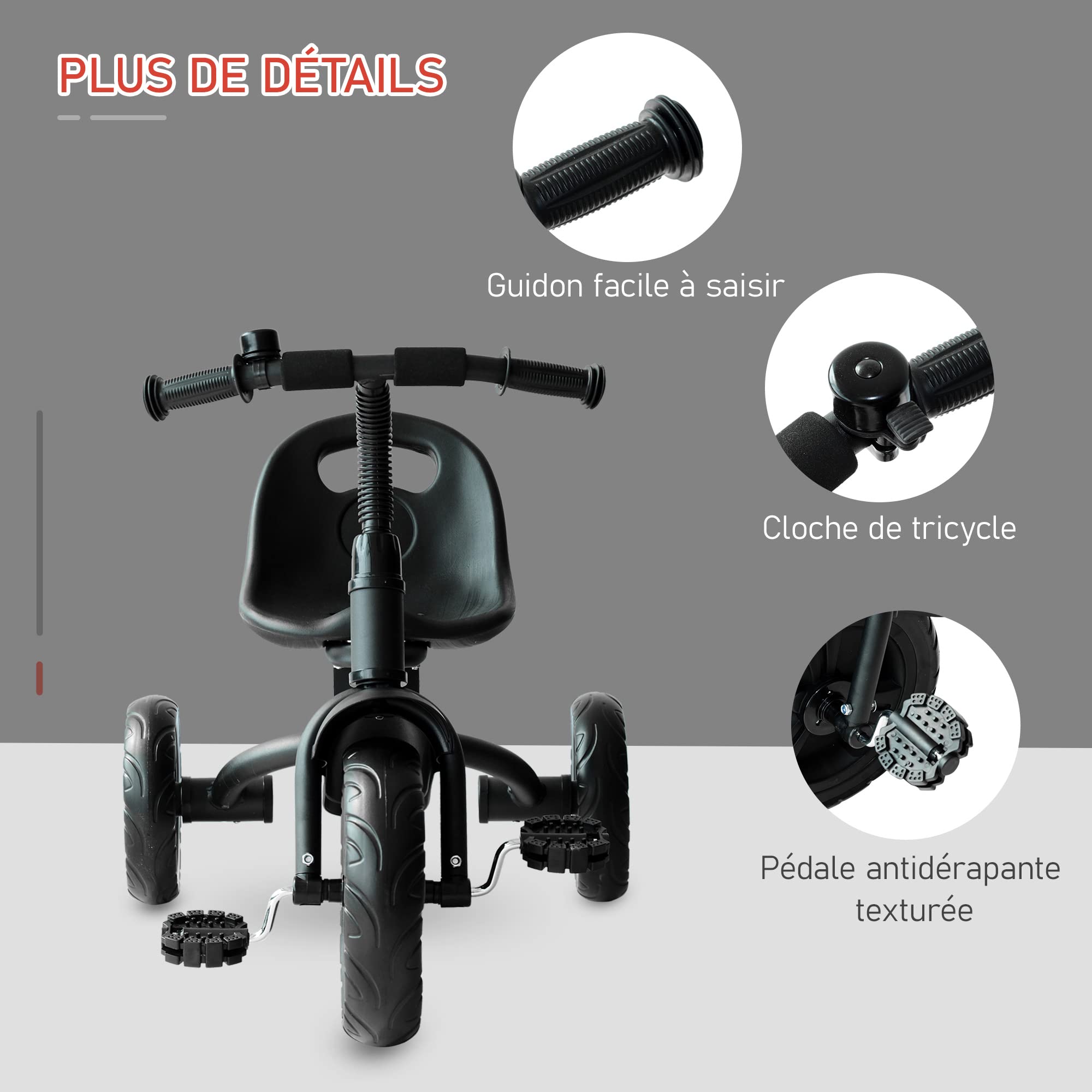 HOMCOM Tricycle Enfants Multi-équipé Garde-Boue Sonnette pédales antidérapantes siège réglable 2 Positions avec Dossier