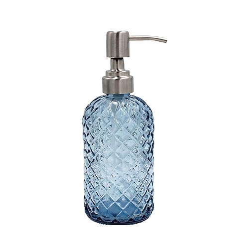 16 oz Diamond Pattern Glass Soap Dispenser, Kitchen and Bathroom Refillable Soap Dispenser with Rust Resistant Stainless Steel Pump for Hand Soap, Lotion Glass Liquid Dispenser (Blue)