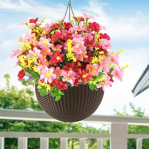 Miniatura 7 de Flores artificiales, margarita de seda rosa y roja, 6 paquetes de flores artificiales para colgar jardín, porche, ventana, patio, macetas de césped,