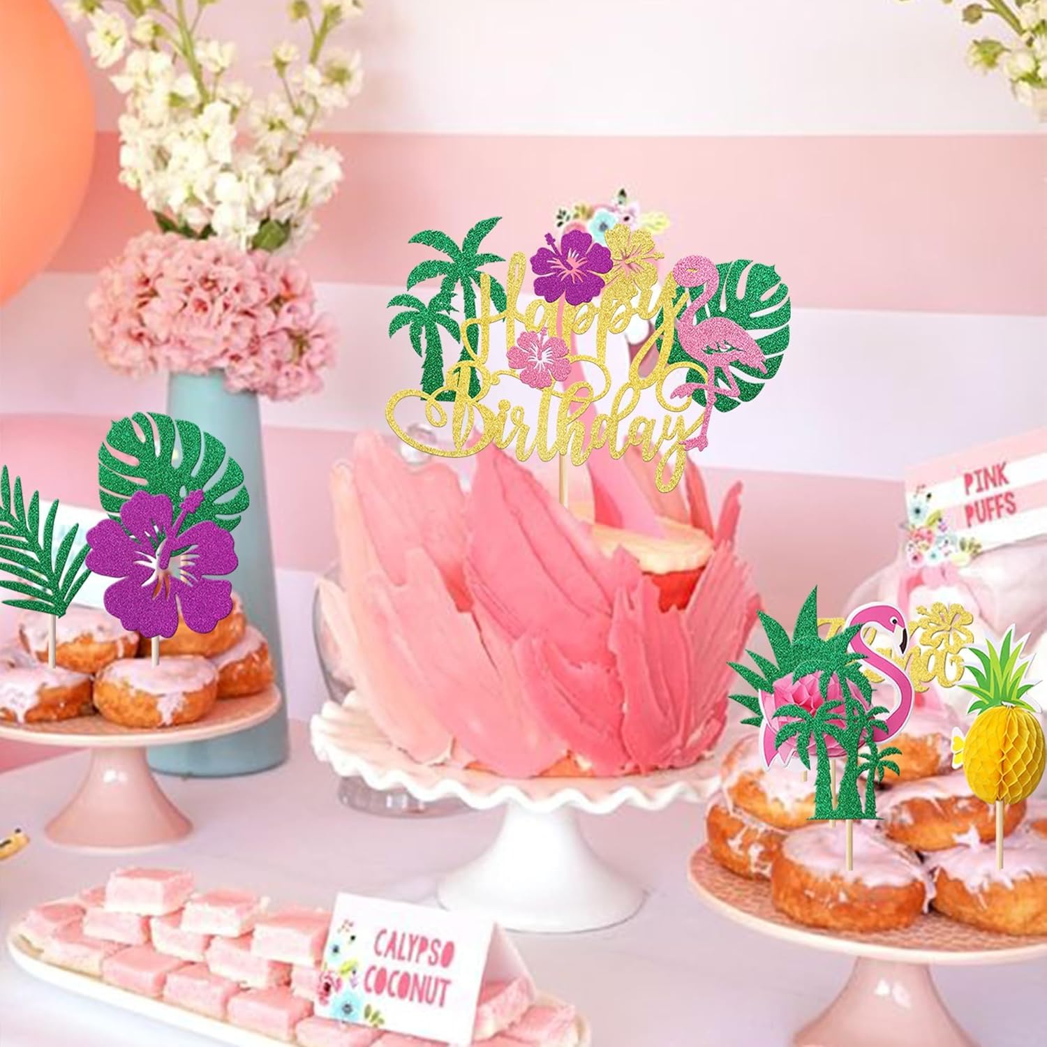 JeVenis Décoration De Gâteau D'anniversaire Flamant Rose Tropical, Décoration De Gâteau De Plage, Décoration De Gâteau Hawaïen Pour Gâteau D' Anniversaire