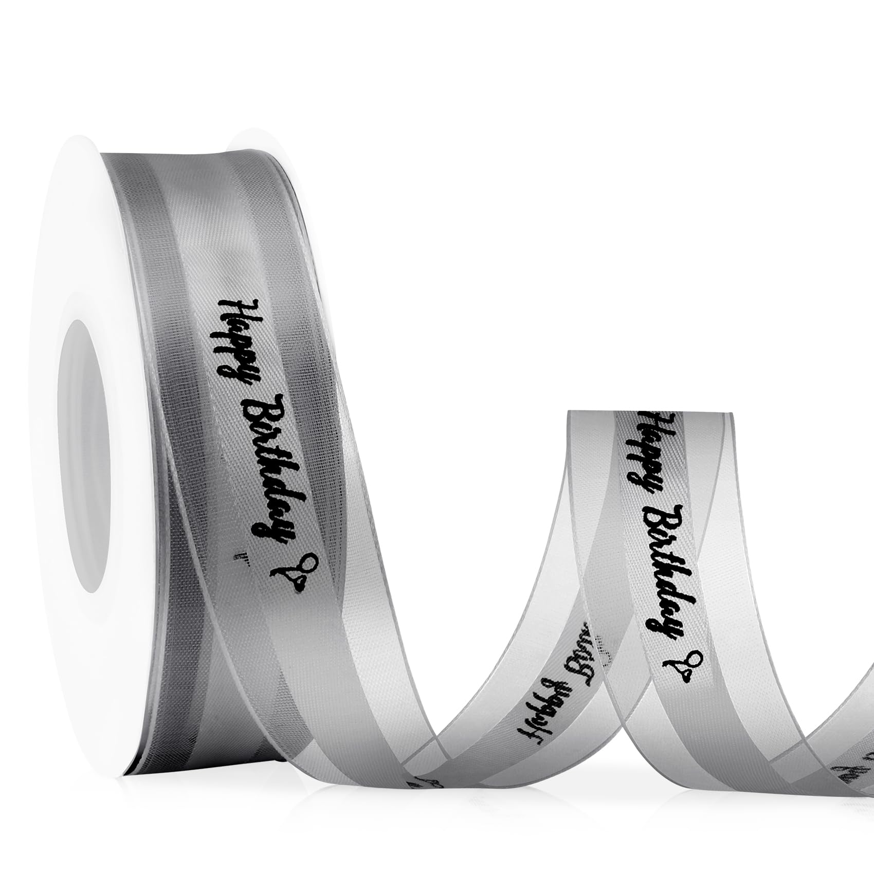 Happy Birthday Ribbon for Gift Wrapping 1 Inch 25 Yards Silver Ribbon for Flower Bouquet Organza Satin Ribbons for Crafts Bow Making Cake Box Party