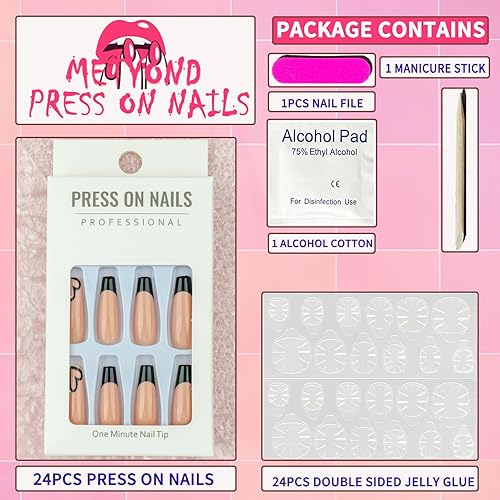 Miniatura 2 de Uñas postizas extralargas a presión con diseño de corazón negro, uñas postizas acrílicas, puntas francesas largas, cobertura completa, pegamento