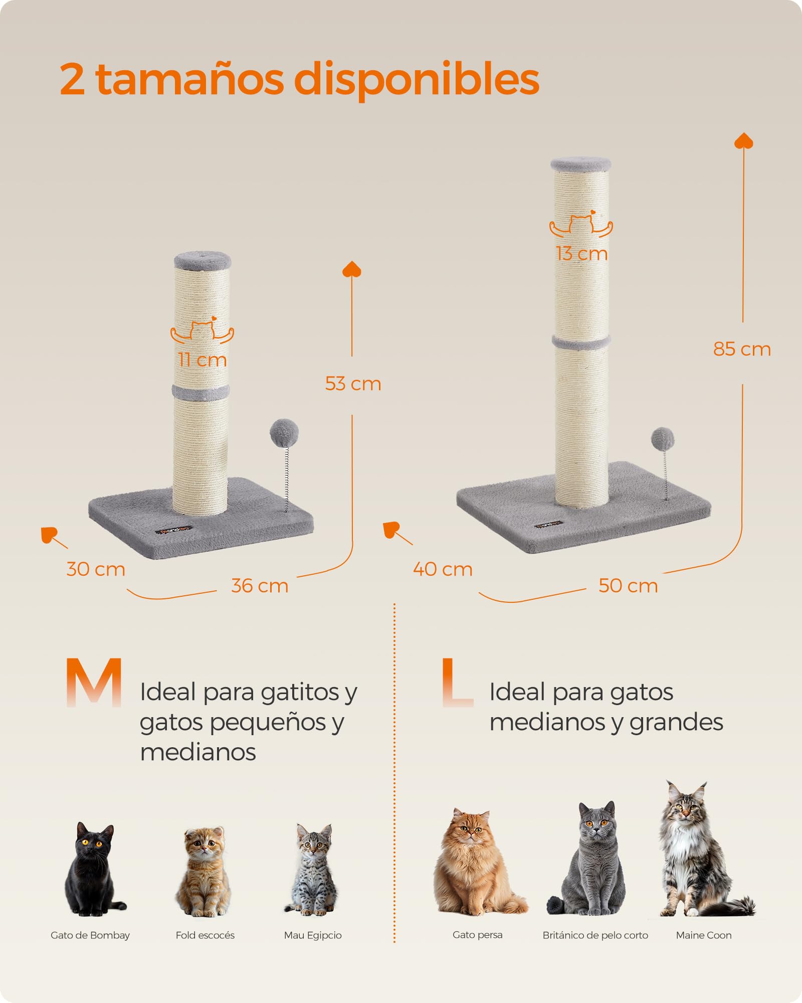 Feandrea Poste Rascador para Gatos, 85 cm de Alto, Gatos Medianos y Grandes, Poste Rascador de Sisal, Pompón de Muelle con Campana, Gris Paloma PCA041G01