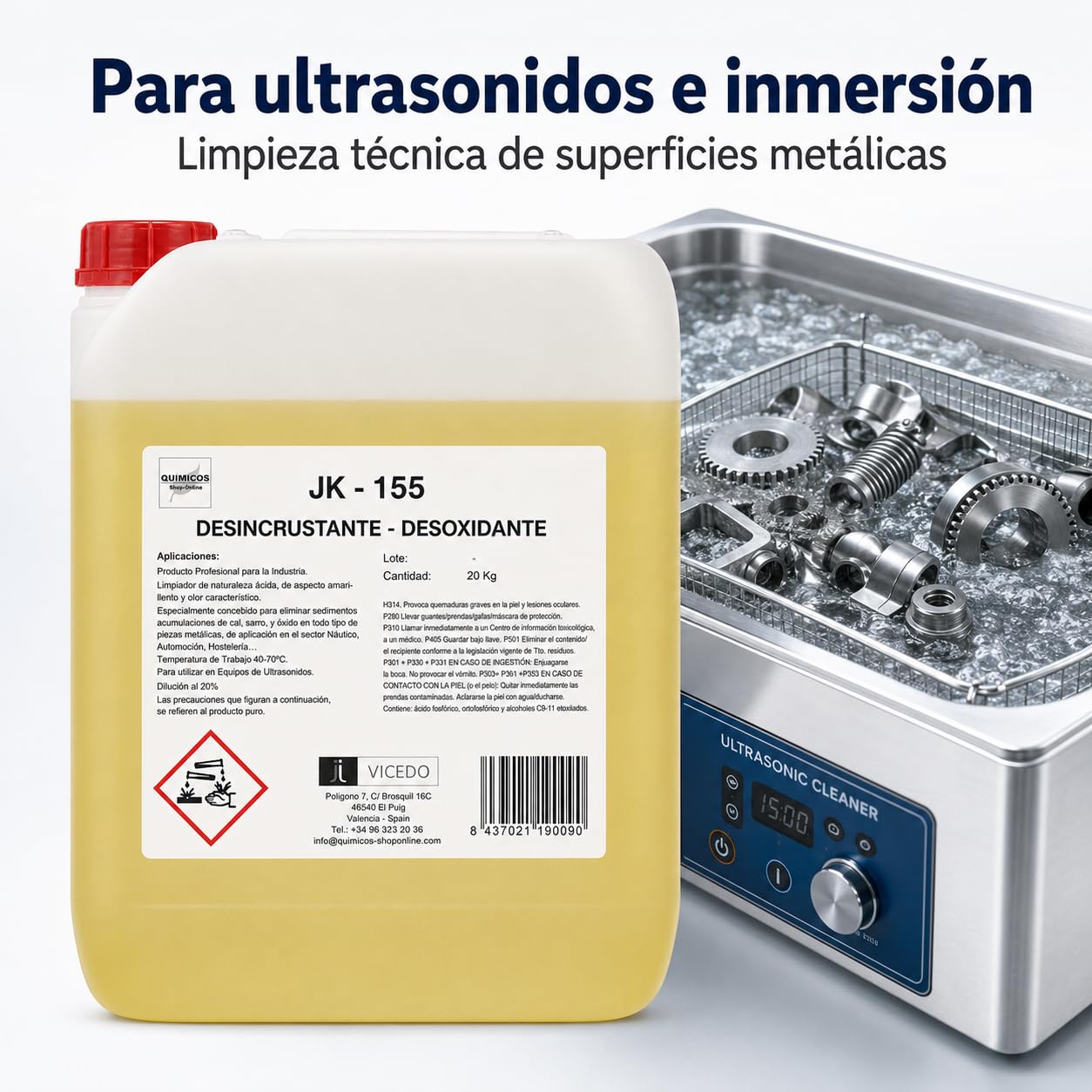 JK-155 Desoxidante y Desincrustante de Cal Concentrado 20 kg para Ultrasonidos e Inmersión, Elimina Óxido y Depósitos Calcáreos en Superficies Metálicas.