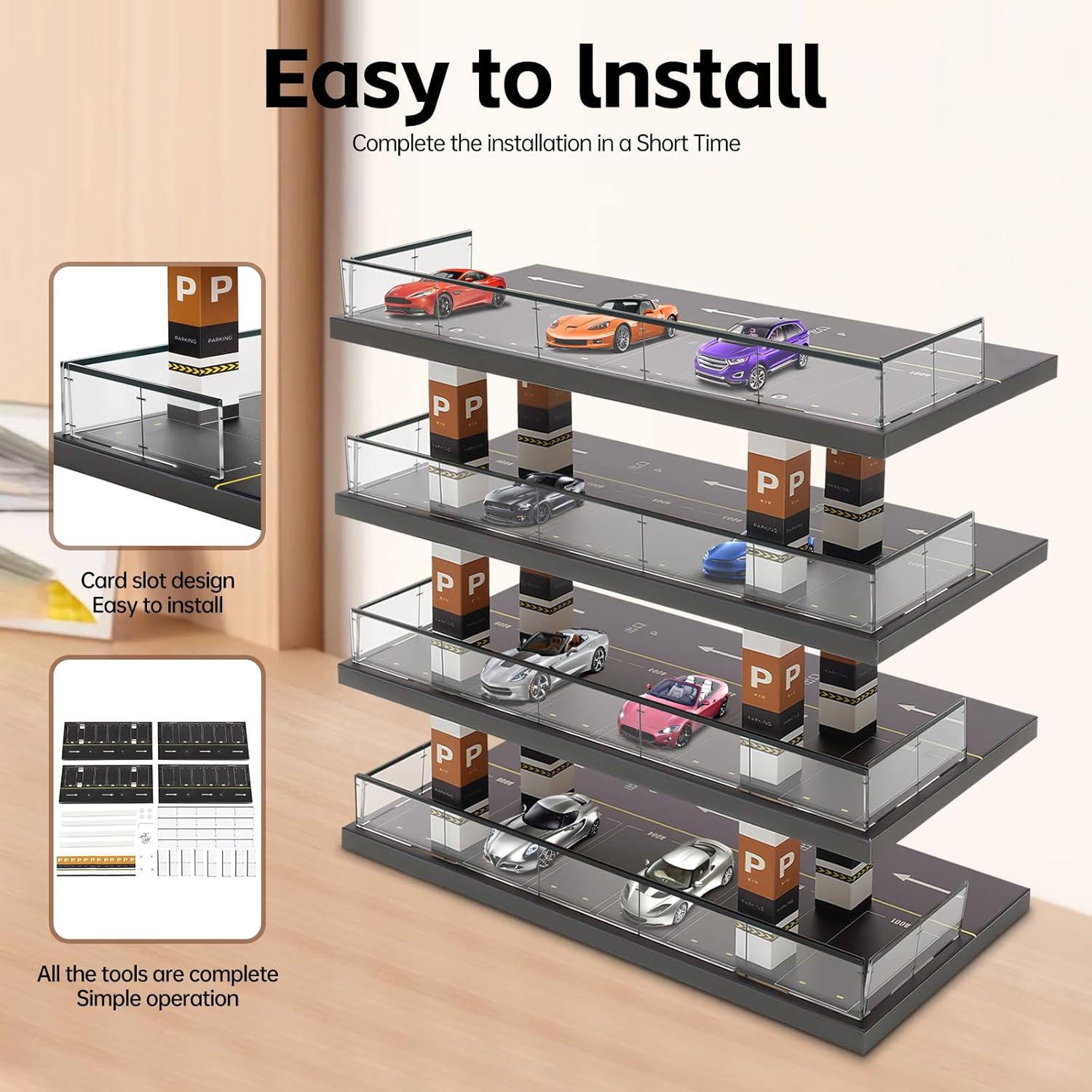 4-Tier 1:64 Die-Cast Car Display Case – Clear Acrylic Parking Garage Style Toy Car Organizer with Solid Wood Base, Dust-Proof Display Shelf for Miniature Car Collectors & Kids' Gifts