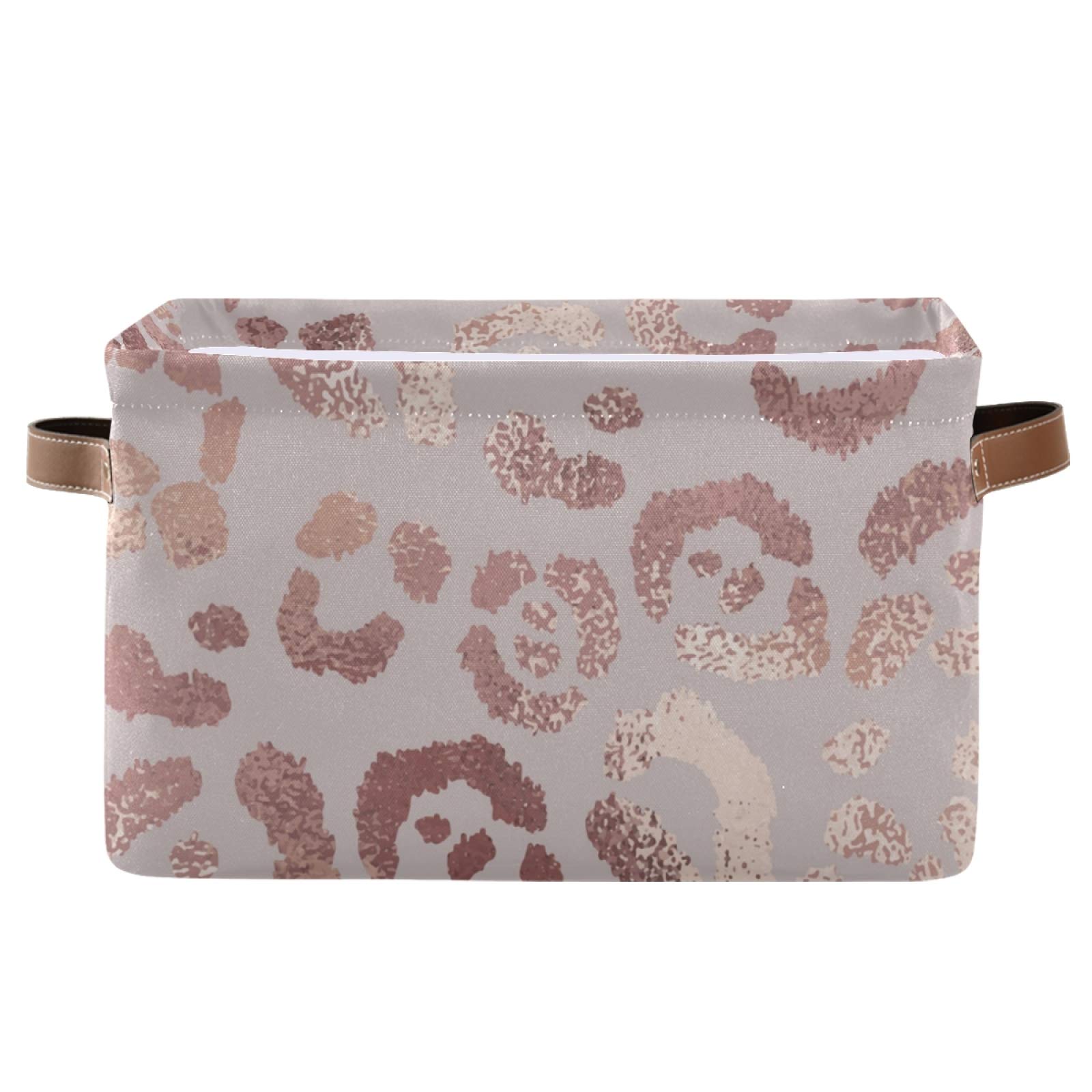 susiyo Large Foldable Storage Bin Leopard Skin Rose Gold Fabric Storage Baskets Collapsible Decorative Baskets Organizing Basket Bin with PU Handles for Shelves Home Closet Bedroom Living Room-1Pack