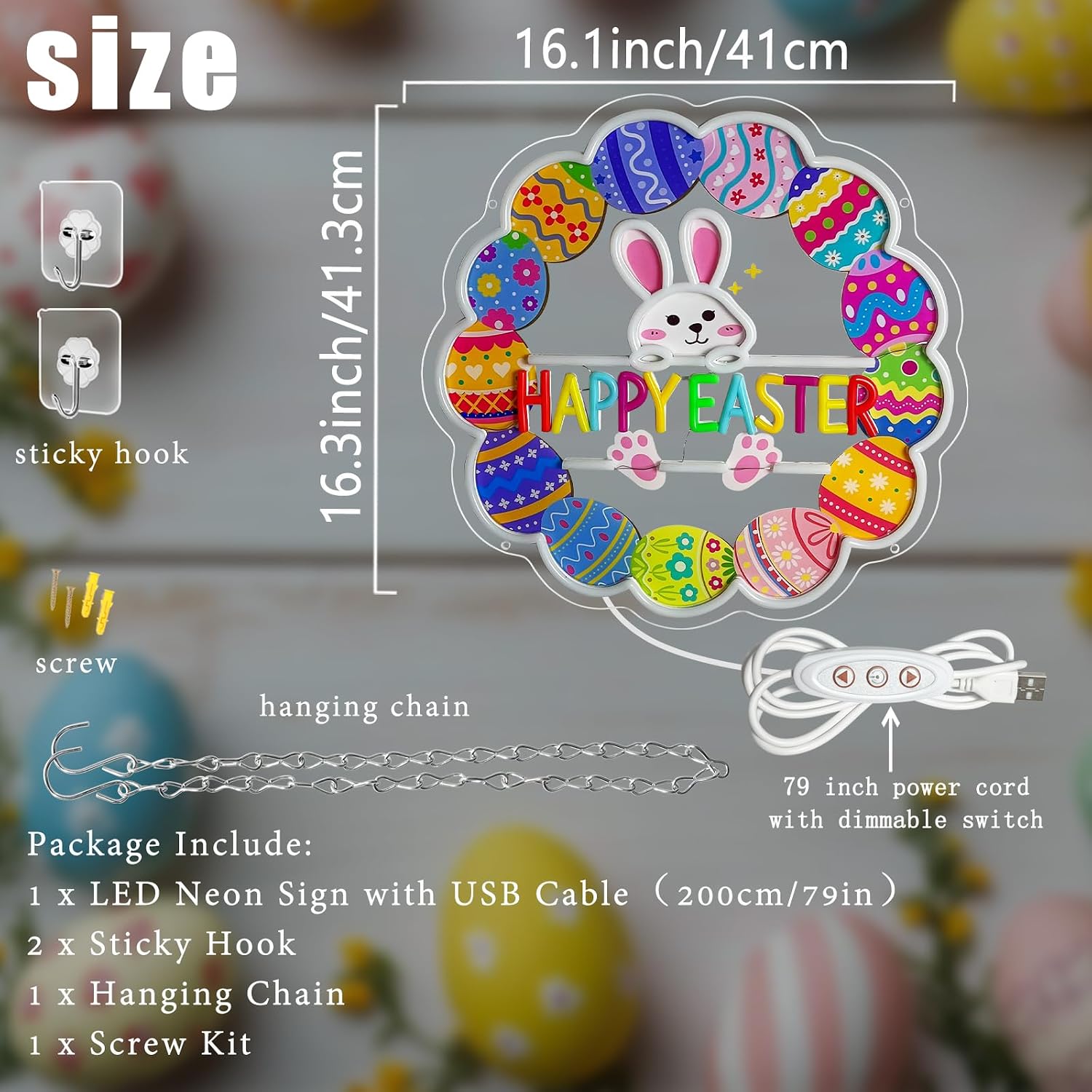 Easter Neon Sign 16.3"x16.1"Circular Egg Wreath with Bunny Head Neon Light USB Dimmable LED Light Up Sign for Holiday Party Bedroom Living Room Easter Themed Decor Present for Kids Adults