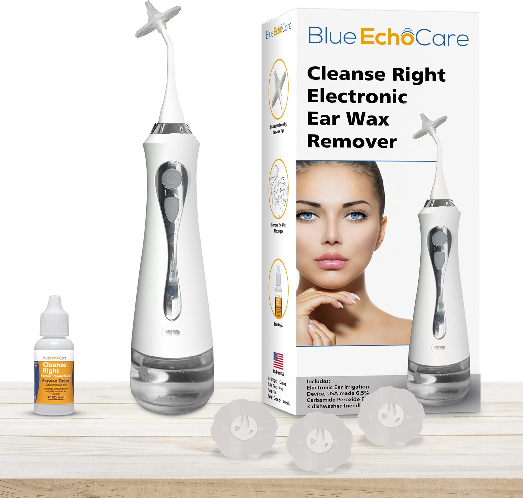 Cleanse Right – Electronic Ear Wax Removal Device- INCLUDES USA MADE EAR DROPS, Reusable, Dishwasher Friendly Tips, Ear Cleaner Irrigation Device and Spray Bottle