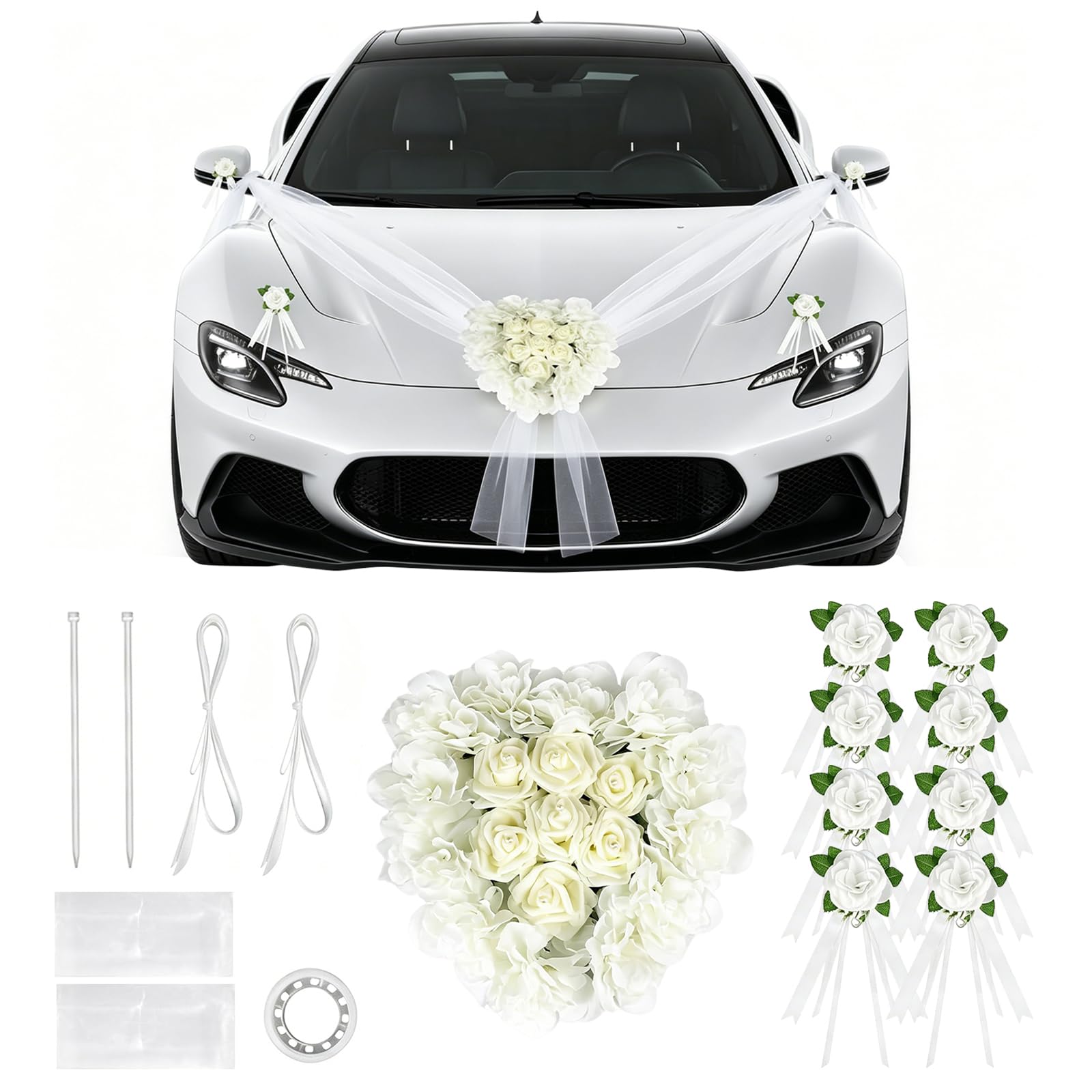 Décoration de Voiture Blanche pour Mariage, Cœur Decoration Voiture Mariage avec 1 Guirlande de Cœurs, 8 Fleurs, 2 Bandes de Tulle (1,8m), Décoration de véhicule pour Mariage et fête