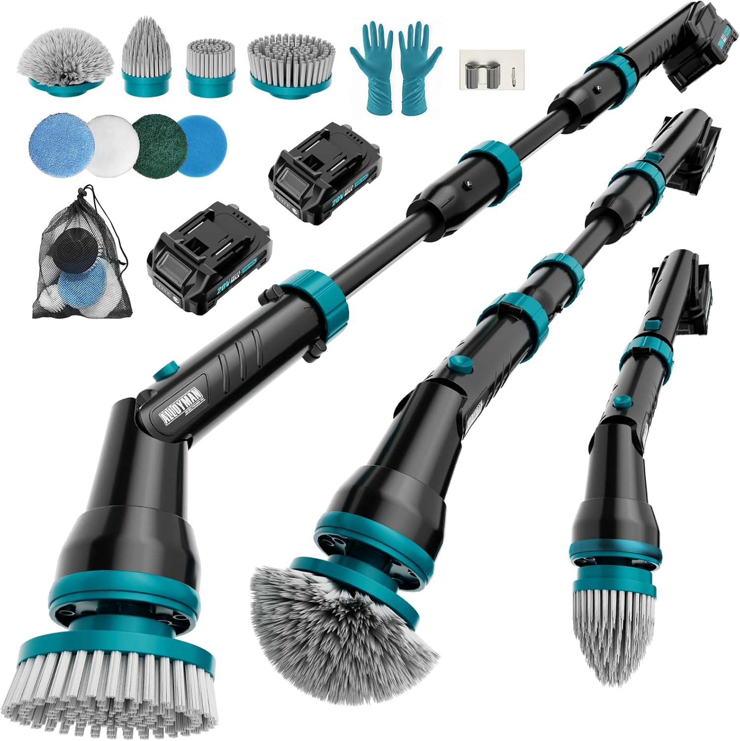 Alloyman 1200RPM Electric Spin Scrubber, Floor Cordless Cleaning Brush, 2 * 20V Replaceable Battery, Power Scrubber for Cleaning with 8 Brushes for Bathtub/Tub/Tile/Floor