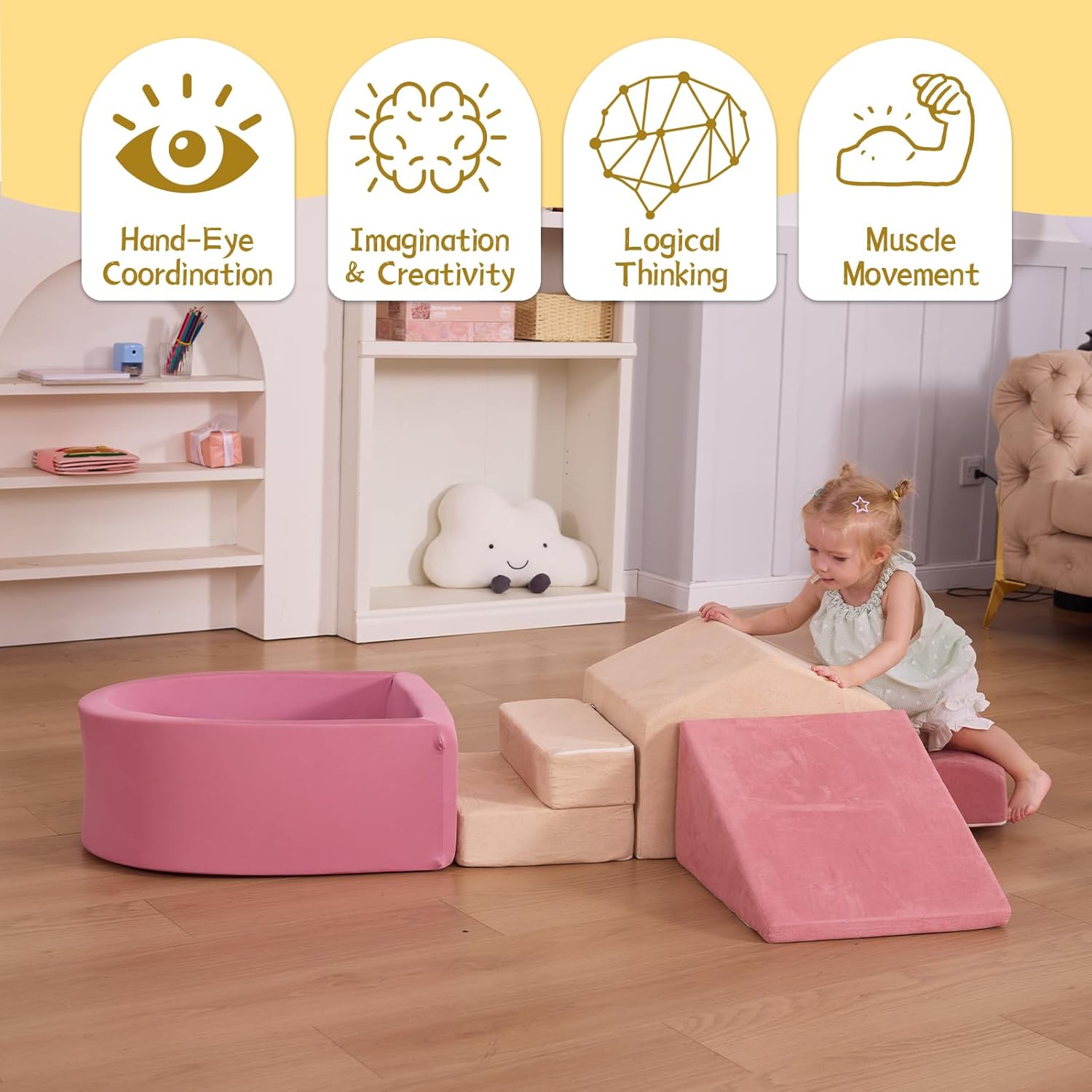 Foam Climbing Blocks with Ball Pit, Climbing Toys for Toddlers, Foam Climb and Crawl Activity Playset Indoor, Soft Play Equipment for Toddler Crawling Sliding Playing (Excluding Balls)